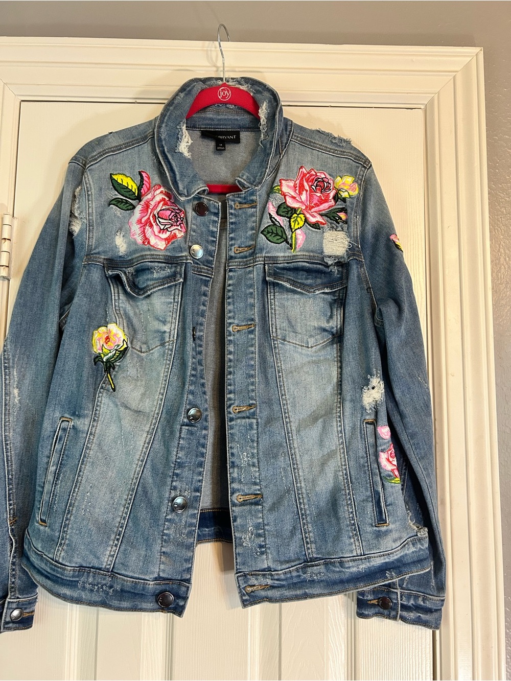 Lane Bryant Distressed Blue Denim Jacket with Pink & Yellow Floral Appliqués